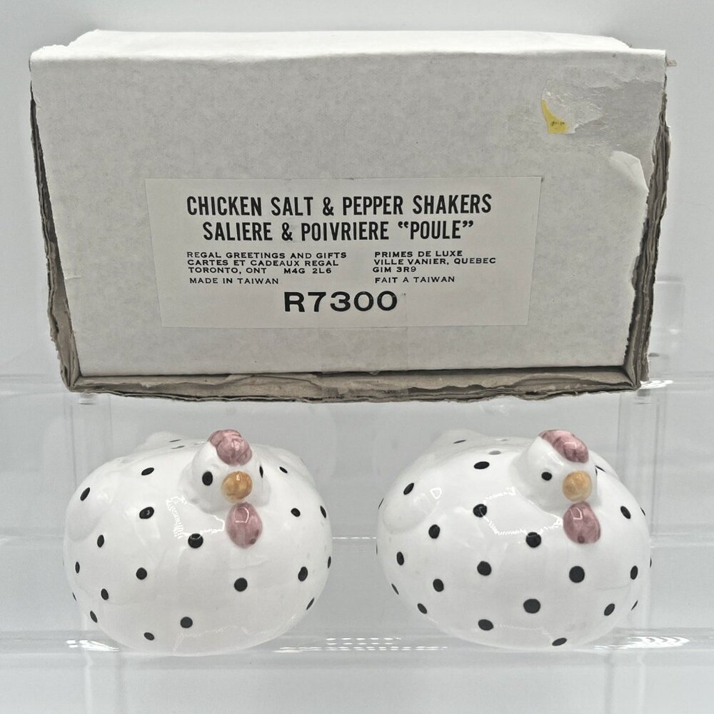 Chicken‎ Hen Rooster Salt & Pepper Shakers Black White Polka Dot Ceramic W/box